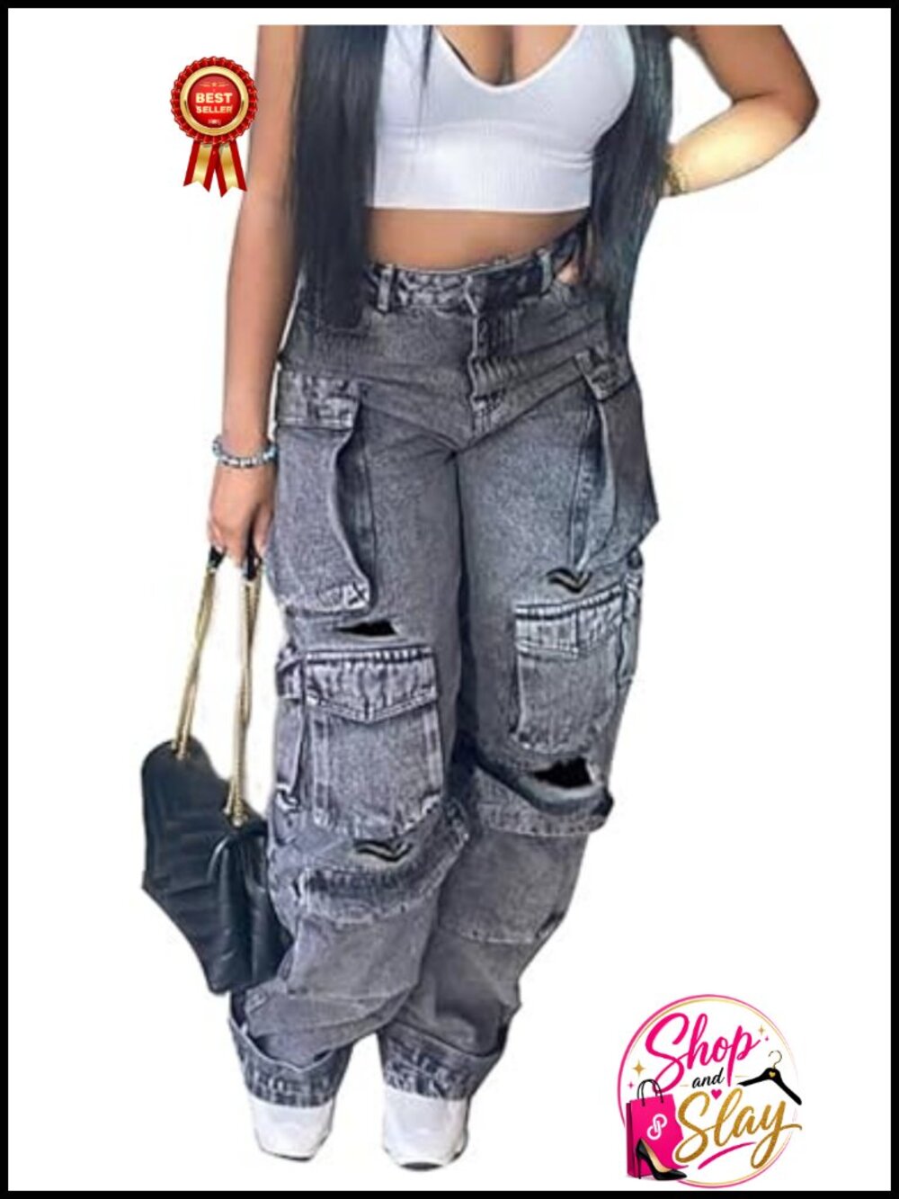 High Waisted Baggy Cargo Jeans Wide Leg Denim Pants